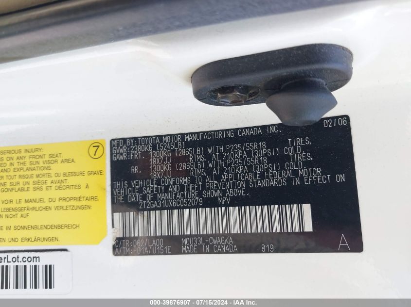 2006 Lexus Rx 330 VIN: 2T2GA31UX6C052079 Lot: 39876907