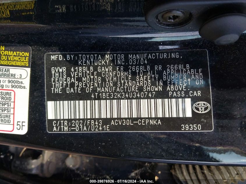 2004 Toyota Camry Le VIN: 4T1BE32K34U340747 Lot: 39876926