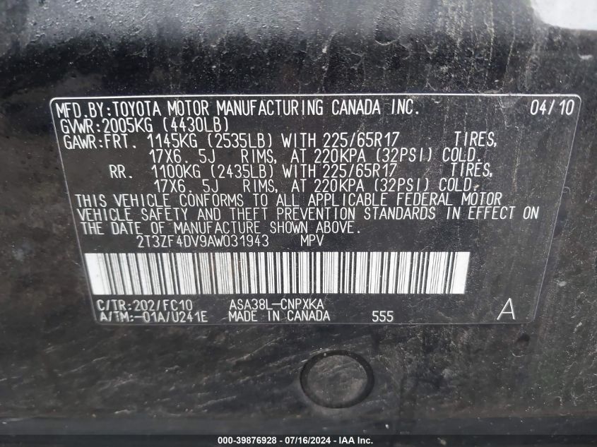 2010 Toyota Rav4 VIN: 2T3ZF4DV9AW031943 Lot: 39876928