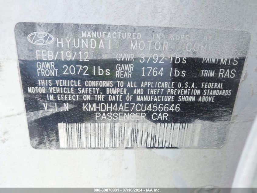 2012 Hyundai Elantra Gls (Ulsan Plant) VIN: KMHDH4AE7CU456646 Lot: 39876931