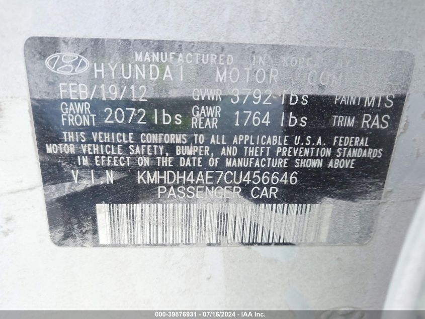 KMHDH4AE7CU456646 | 2012 HYUNDAI ELANTRA