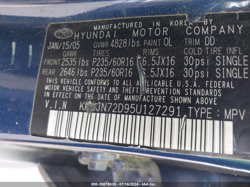 2005 Hyundai Tucson Gls/Lx VIN: KM8JN72D95U127291 Lot: 39876935