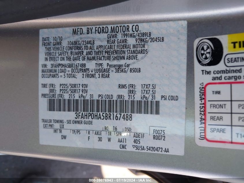 2011 Ford Fusion Se VIN: 3FAHP0HA5BR167488 Lot: 39876943