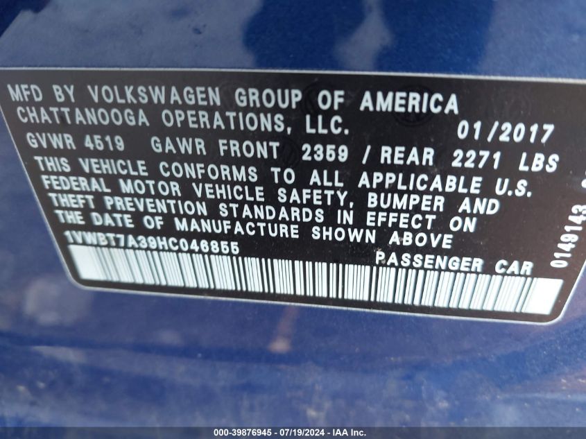 2017 Volkswagen Passat 1.8T Se VIN: 1VWBT7A39HC046855 Lot: 39876945