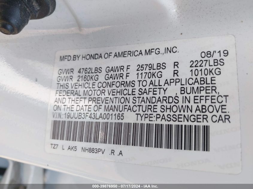 VIN 19UUB3F43LA001165 2020 ACURA TLX TECH PACKAGE