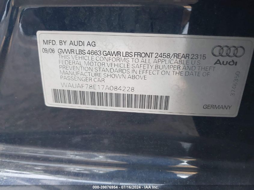 2007 Audi A4 2.0T VIN: WAUAF78E17A084228 Lot: 39876954