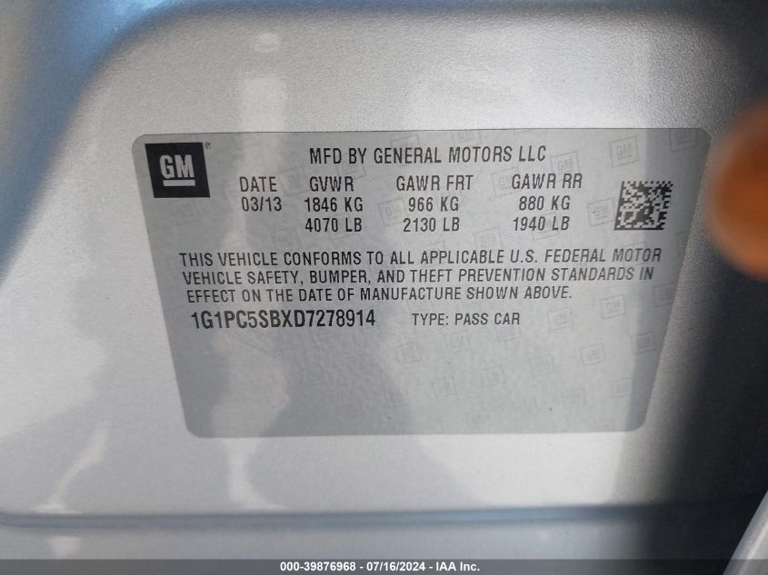 2013 Chevrolet Cruze 1Lt Auto VIN: 1G1PC5SBXD7278914 Lot: 39876968