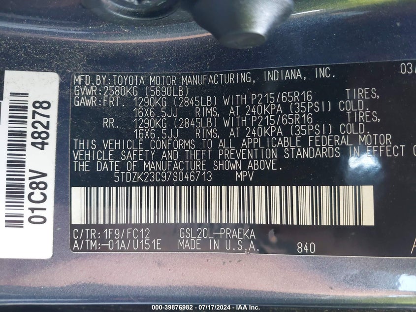 2007 Toyota Sienna Le VIN: 5TDZK23C97S046713 Lot: 39876982