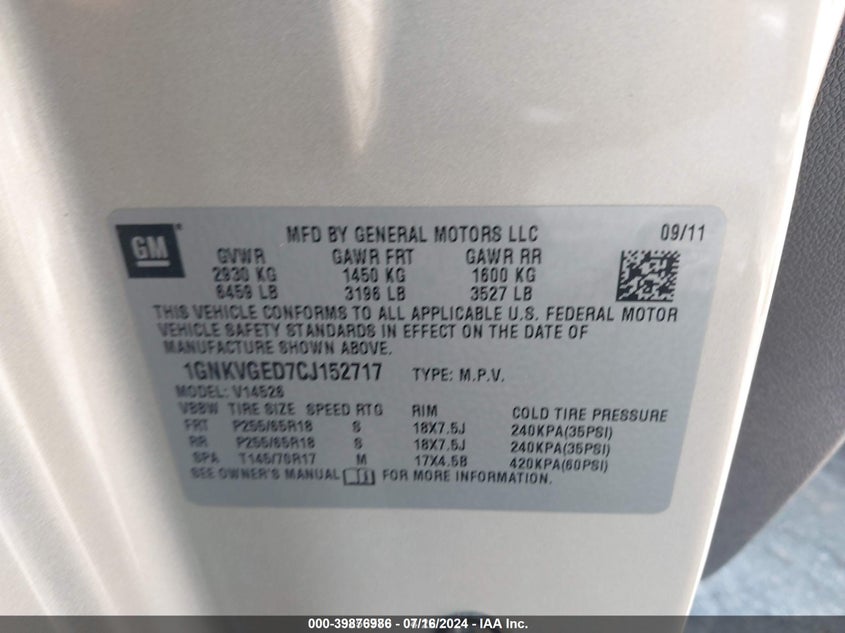 2012 Chevrolet Traverse VIN: 1GNKVGED7CJ152717 Lot: 39876986