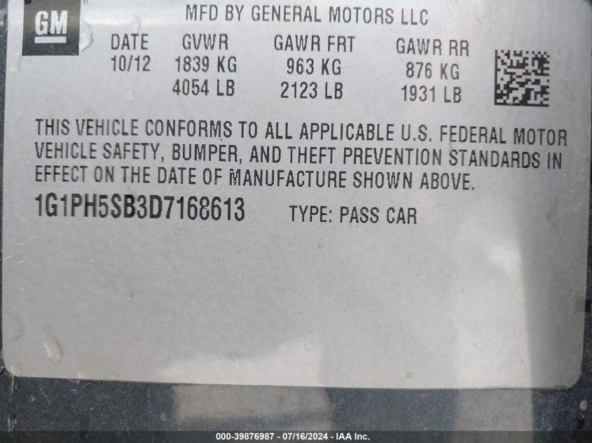 2013 Chevrolet Cruze Eco Auto VIN: 1G1PH5SB3D7168613 Lot: 39876987