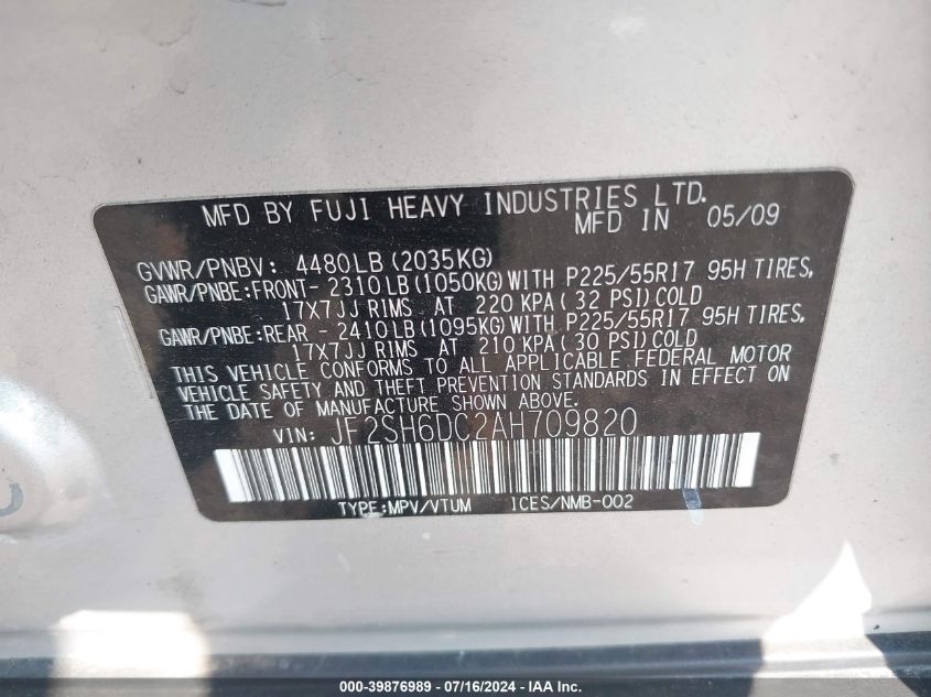 2010 Subaru Forester 2.5X Limited VIN: JF2SH6DC2AH709820 Lot: 39876989