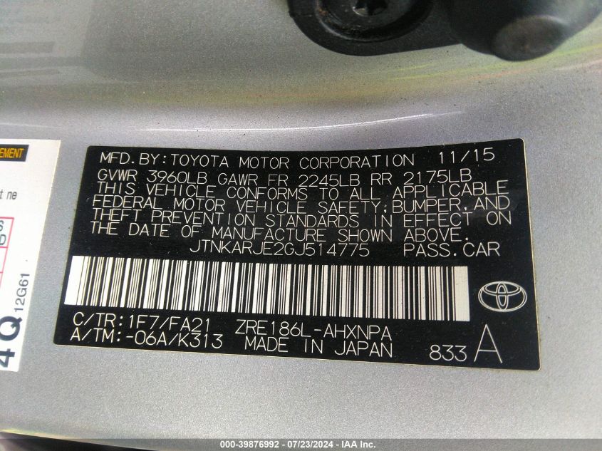 2016 Scion Im VIN: JTNKARJE2GJ514775 Lot: 39876992