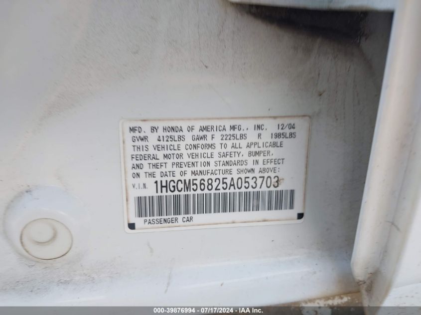 2005 Honda Accord 2.4 Ex VIN: 1HGCM56825A053703 Lot: 39876994