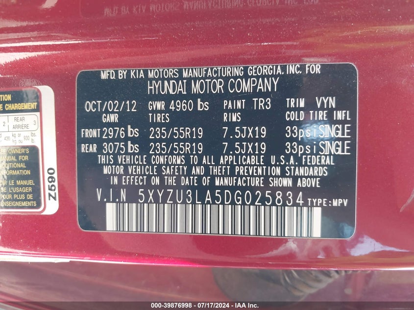 2013 Hyundai Santa Fe Sport 2.0T VIN: 5XYZU3LA5DG025834 Lot: 39876998