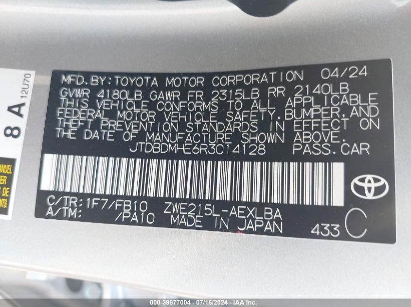 2024 Toyota Corolla Hybrid Le VIN: JTDBDMHE6R3014128 Lot: 39877004