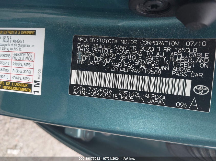 2010 Toyota Corolla Le VIN: JTDBU4EE9A9119588 Lot: 39877032