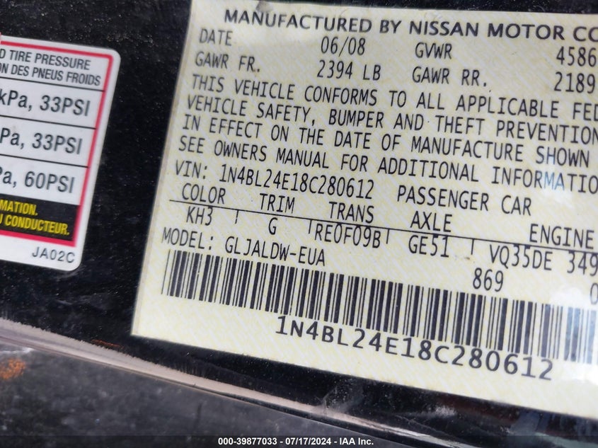 2008 Nissan Altima 3.5 Se VIN: 1N4BL24E18C280612 Lot: 39877033