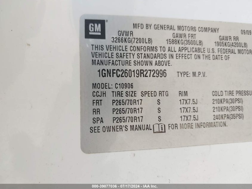 2009 Chevrolet Suburban 1500 Lt2 VIN: 1GNFC26019R272996 Lot: 39877036