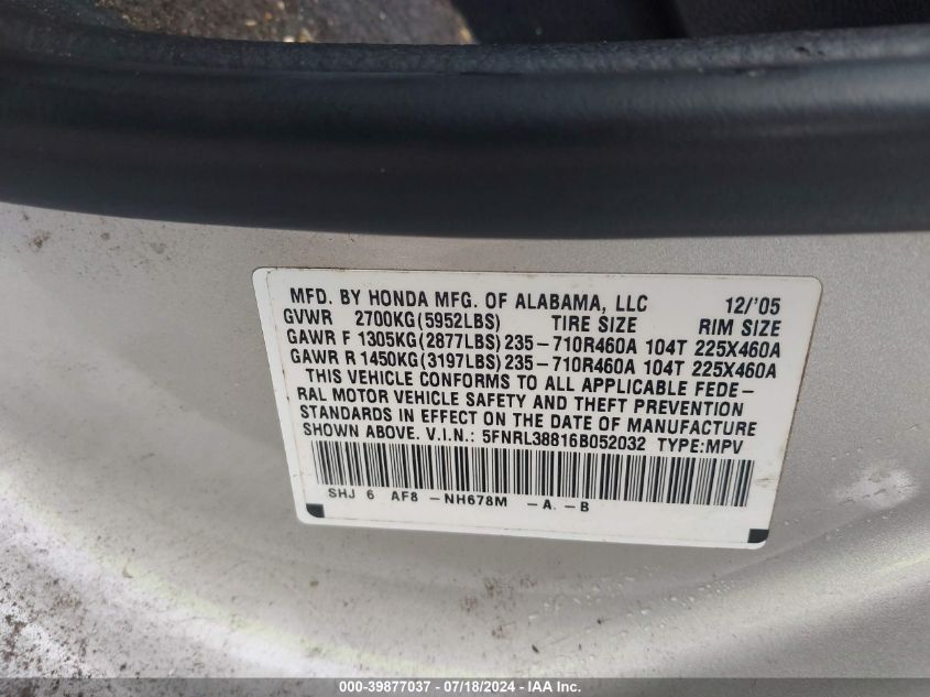 2006 Honda Odyssey Touring VIN: 5FNRL38816B052032 Lot: 39877037