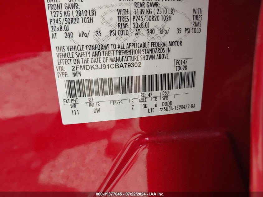 2012 Ford Edge Sel VIN: 2FMDK3J91CBA79302 Lot: 39877045