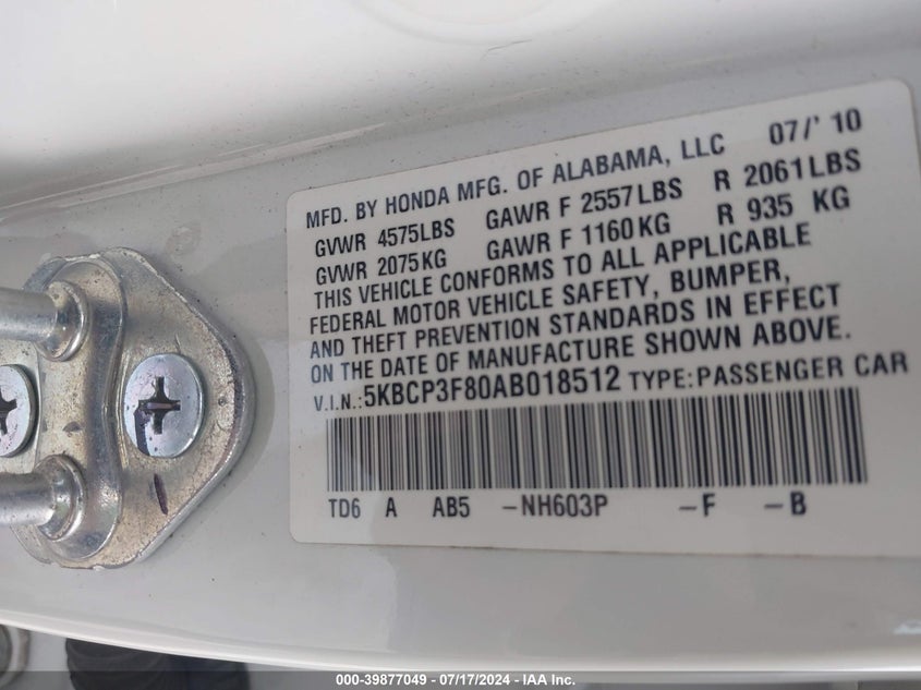 2010 Honda Accord 3.5 Ex-L VIN: 5KBCP3F80AB018512 Lot: 39877049