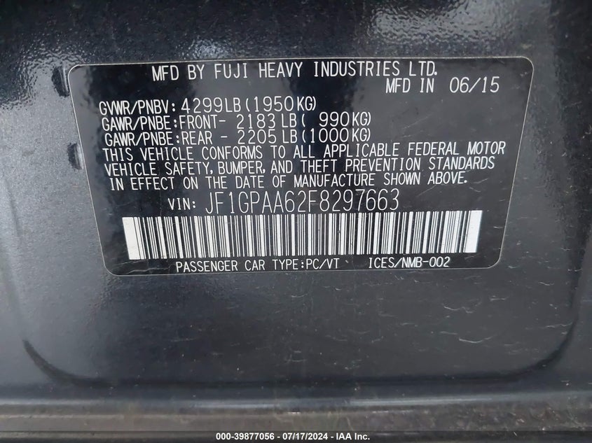 2015 SUBARU IMPREZA 2.0I - JF1GPAA62F8297663