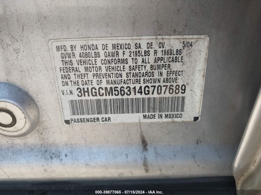 2004 Honda Accord 2.4 Lx VIN: 3HGCM56314G707689 Lot: 39877065