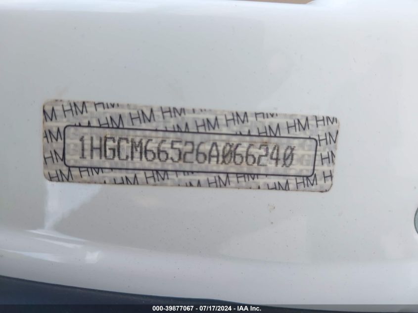 2006 Honda Accord 3.0 Ex VIN: 1HGCM66526A066240 Lot: 39877067