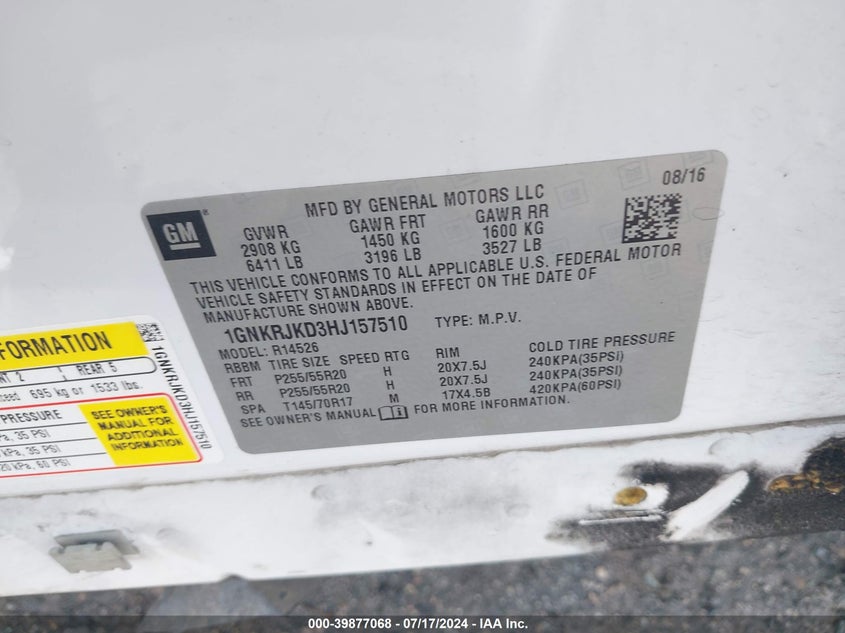 2017 Chevrolet Traverse Premier VIN: 1GNKRJKD3HJ157510 Lot: 39877068