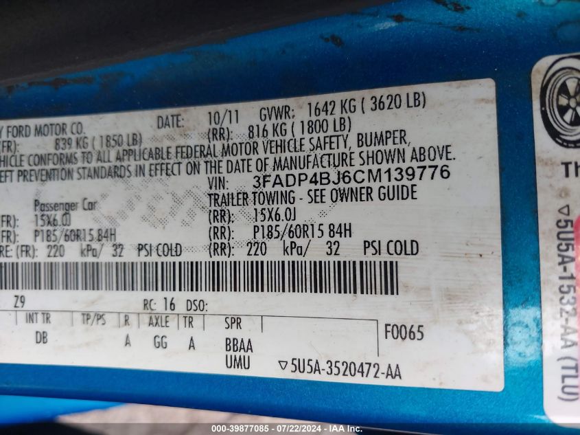 2012 Ford Fiesta Se VIN: 3FADP4BJ6CM139776 Lot: 39877085