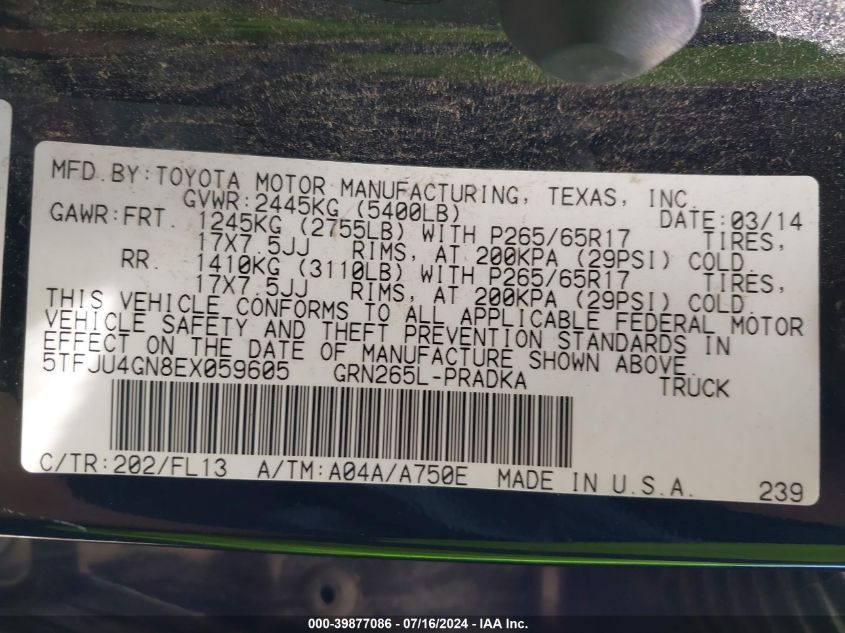 2014 Toyota Tacoma Prerunner V6 VIN: 5TFJU4GN8EX059605 Lot: 39877086