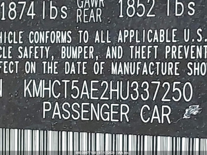 2017 Hyundai Accent Se VIN: KMHCT5AE2HU337250 Lot: 39877100