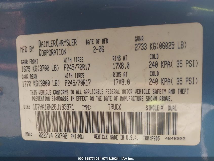 2006 Dodge Ram 1500 St VIN: 1D7HA16N26J183371 Lot: 39877105