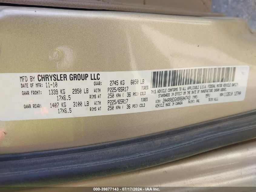 2011 Chrysler Town & Country Touring-L VIN: 2A4RR8DGXBR604743 Lot: 39877143