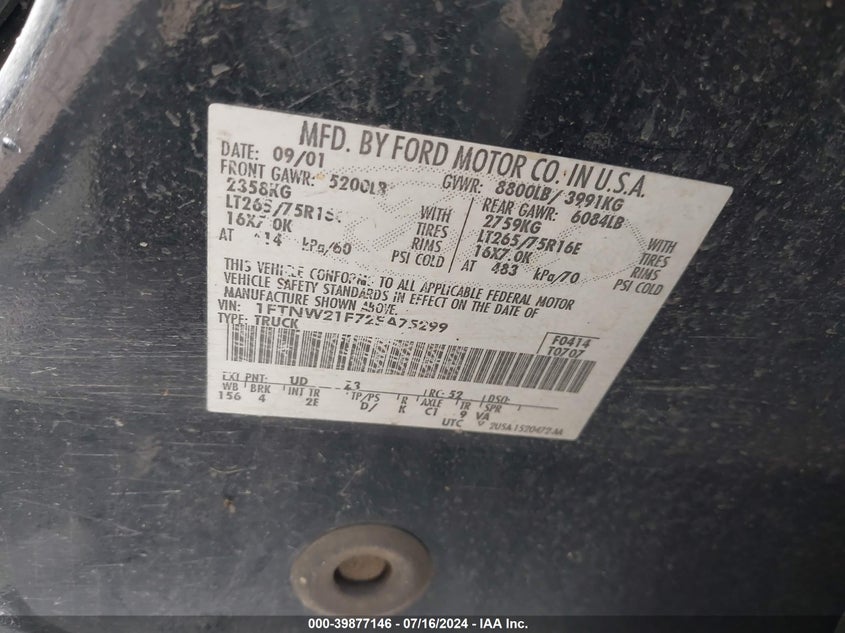 2002 Ford F-250 Lariat/Xl/Xlt VIN: 1FTNW21F72EA75299 Lot: 39877146