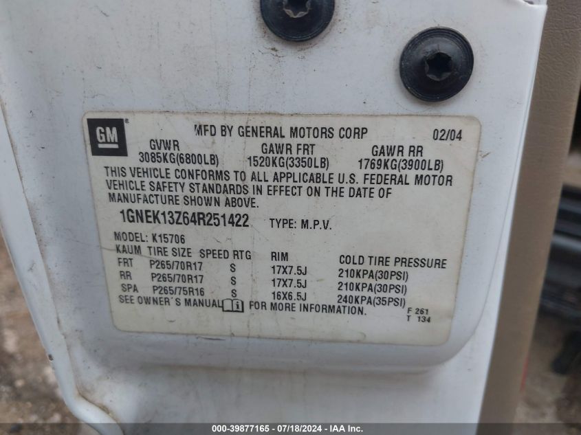 2004 Chevrolet Tahoe Z71 VIN: 1GNEK13Z64R251422 Lot: 39877165
