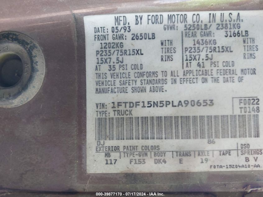 1993 Ford F150 VIN: 1FTDF15N5PLA90653 Lot: 39877170