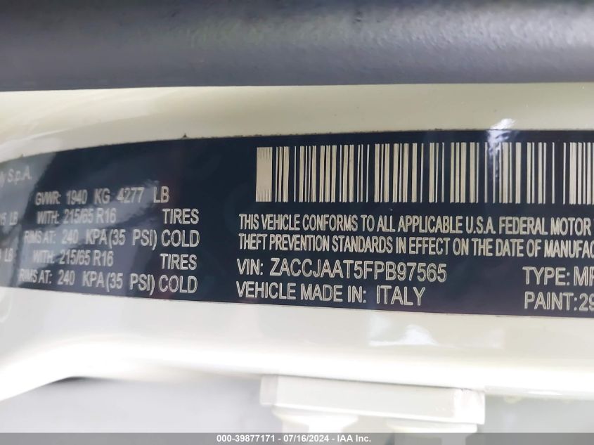 2015 Jeep Renegade Sport VIN: ZACCJAAT5FPB97565 Lot: 39877171