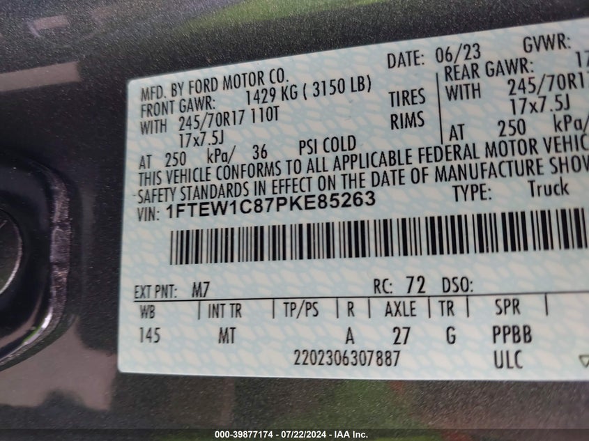 2023 FORD F-150 3.5L V-6 DI, DOHC, V(VIN: 1FTEW1C87PKE85263