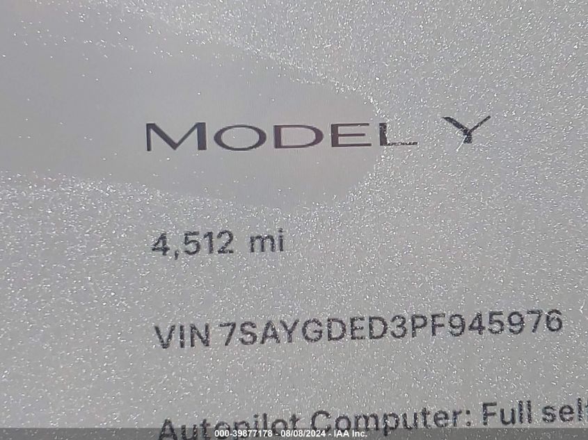 2023 Tesla Model Y Rwd VIN: 7SAYGDED3PF945976 Lot: 39877178