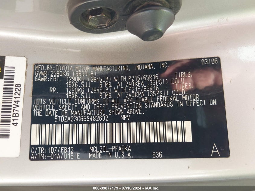 2006 Toyota Sienna Ce VIN: 5TDZA23C66S482632 Lot: 39877179