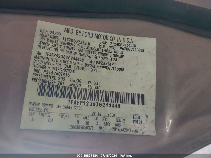2003 Ford Taurus Lx/Lx Standard VIN: 1FAFP52U63G244448 Lot: 39877184