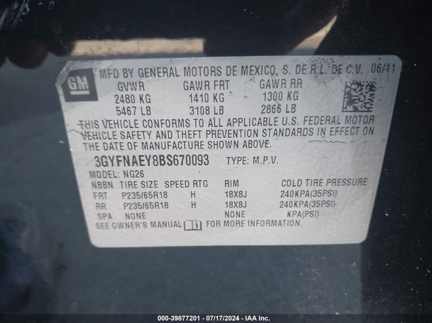 2011 Cadillac Srx Luxury Collection VIN: 3GYFNAEY8BS670093 Lot: 39877201