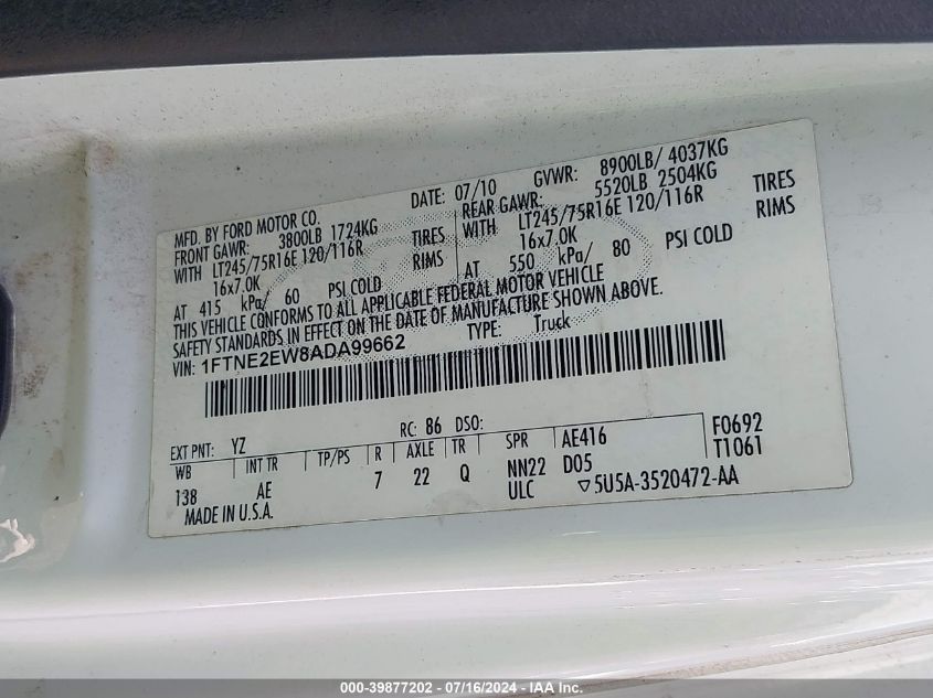 2010 Ford E-250 Commercial/Recreational VIN: 1FTNE2EW8ADA99662 Lot: 39877202