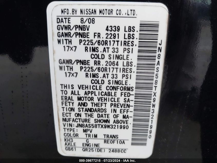 2009 Nissan Rogue Sl VIN: JN8AS58TX9W321990 Lot: 39877215