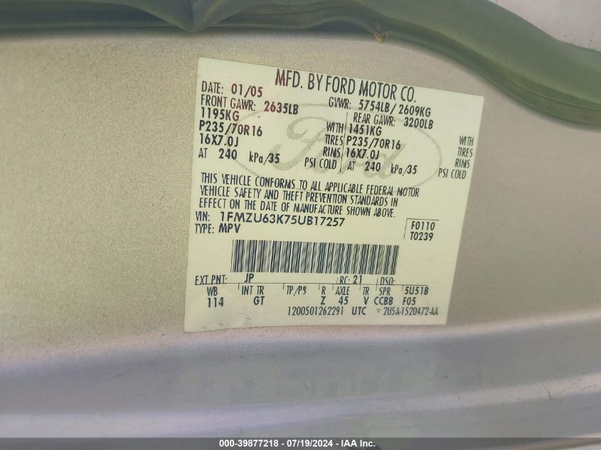 2005 Ford Explorer Xlt/Xlt Sport VIN: 1FMZU63K75UB17257 Lot: 39877218
