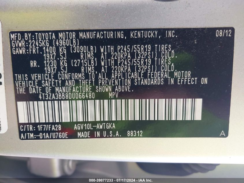 2013 Toyota Venza Le VIN: 4T3ZA3BB8DU066480 Lot: 39877233