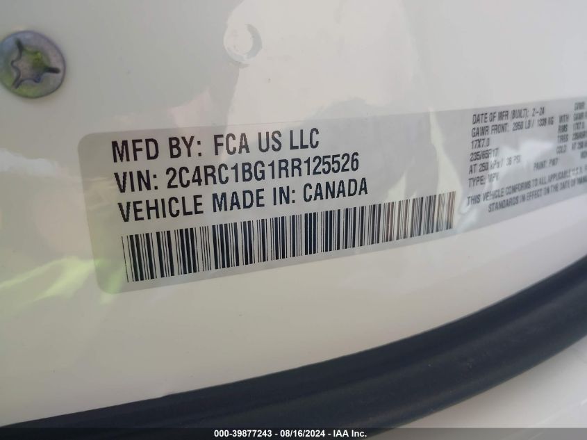 2024 Chrysler Pacifica Touring L VIN: 2C4RC1BG1RR125526 Lot: 39877243