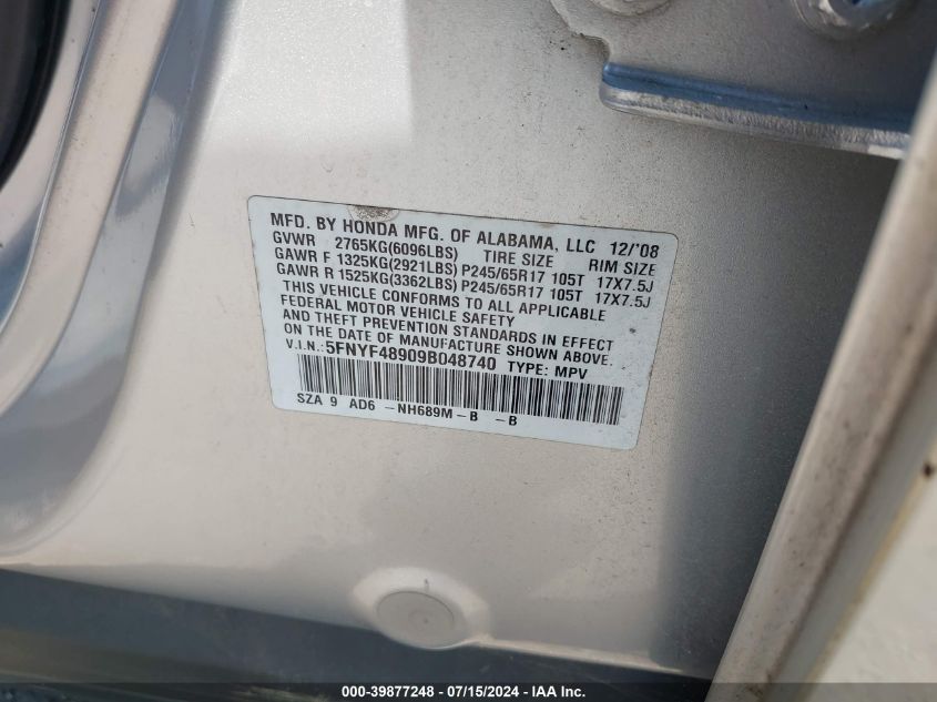 2009 Honda Pilot Touring VIN: 5FNYF48909B048740 Lot: 39877248