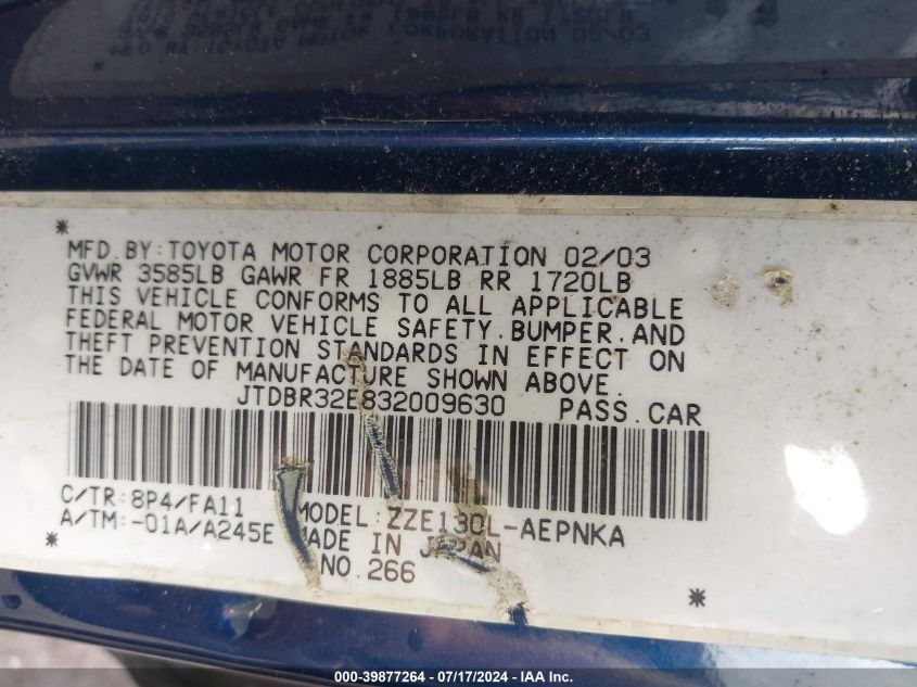 2003 Toyota Corolla Le VIN: JTDBR32E832009630 Lot: 39877264